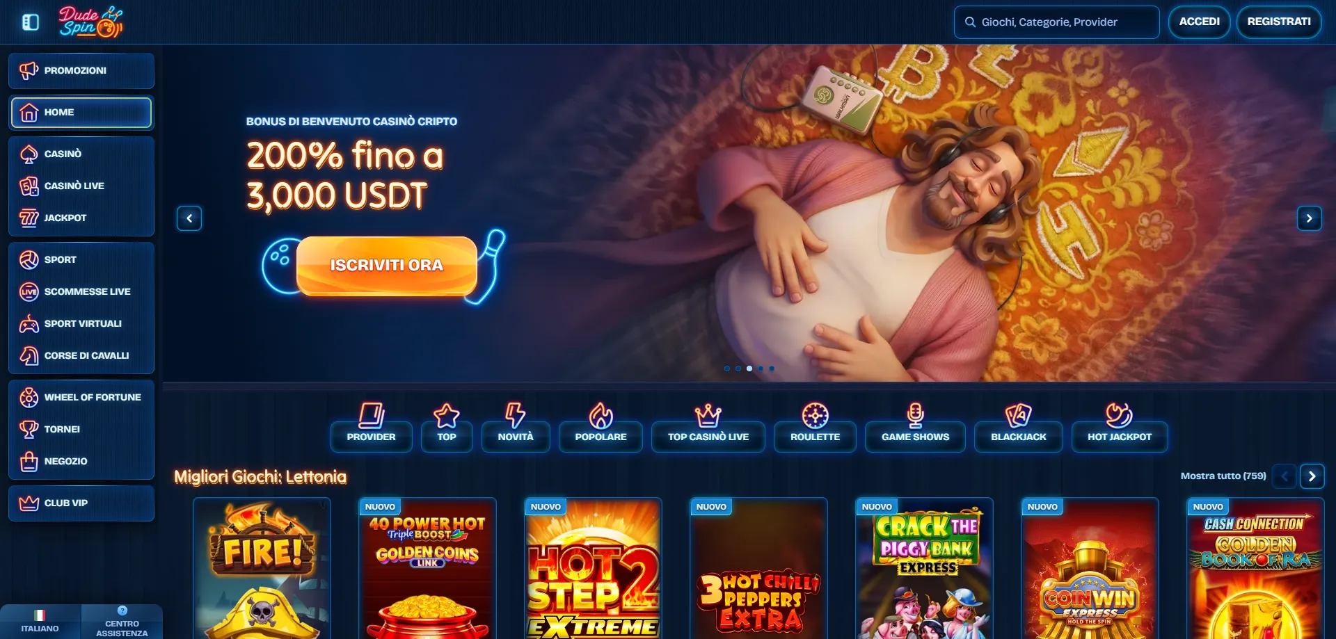 Panoramica dei giochi più popolari su Dudespin Casino Italia