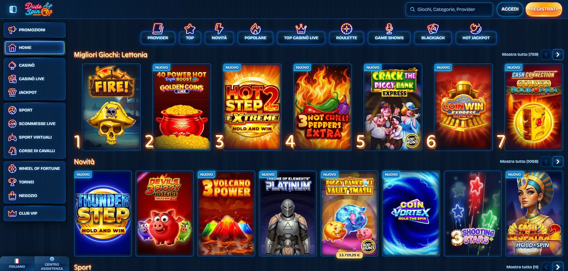Catalogo giochi Dudespin Casino online slot e tavoli live