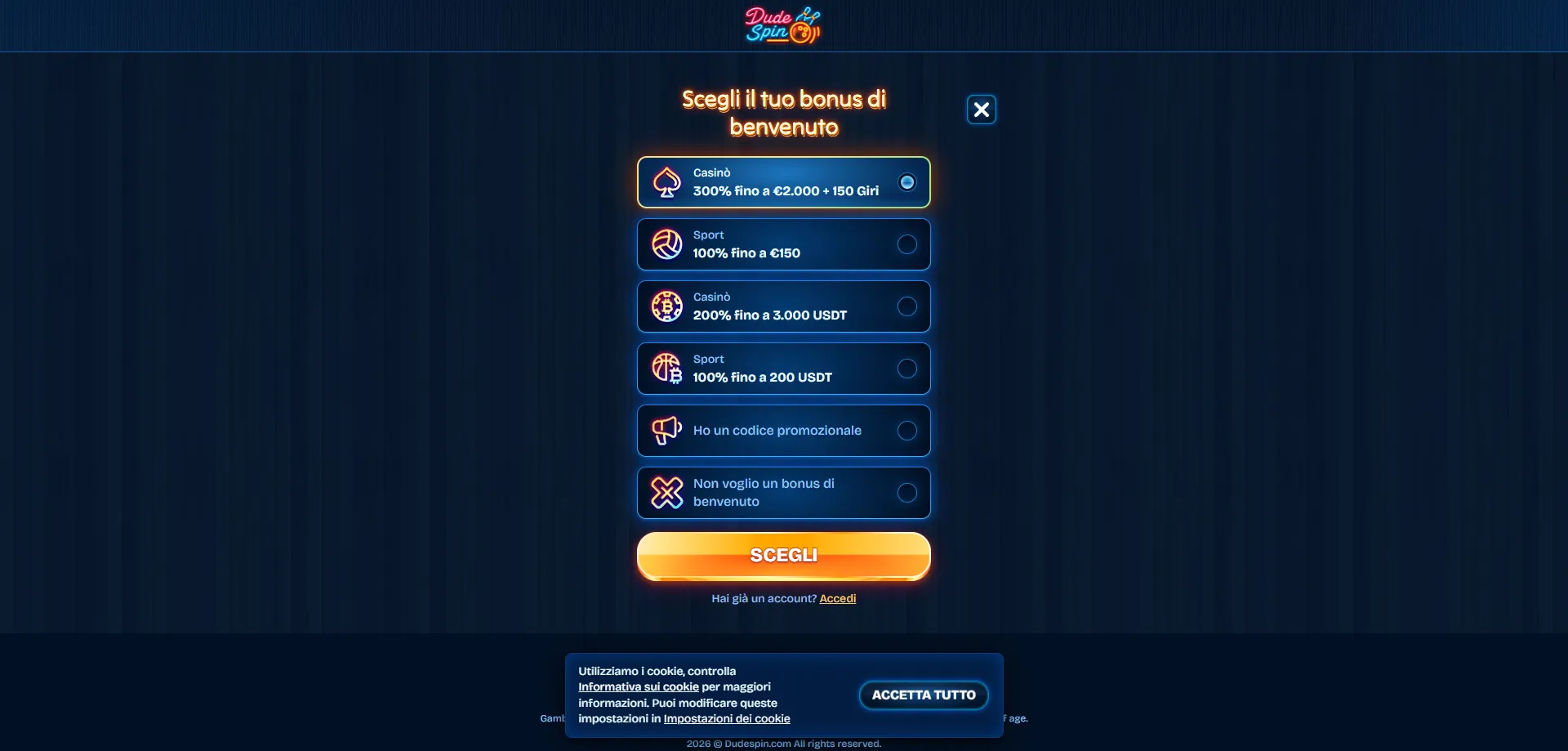 Modulo di registrazione Dudespin Casino per giocatori italiani