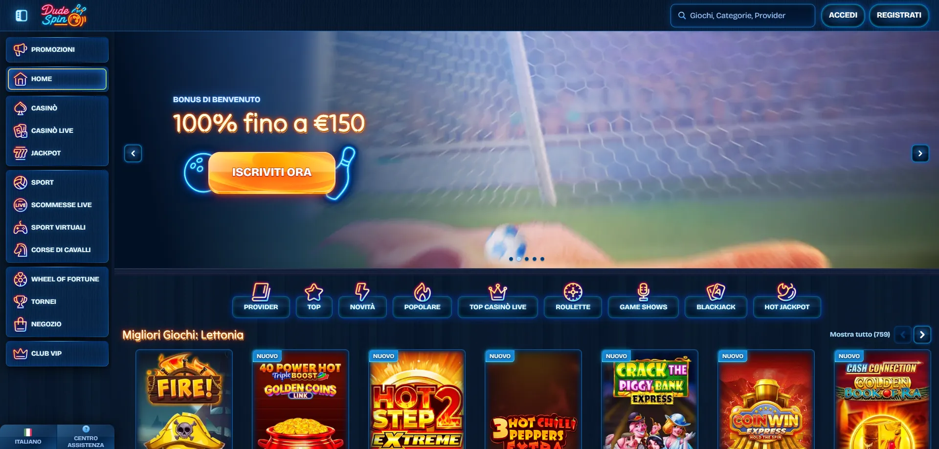 Dudespin Casino panoramica piattaforma per giocatori italiani